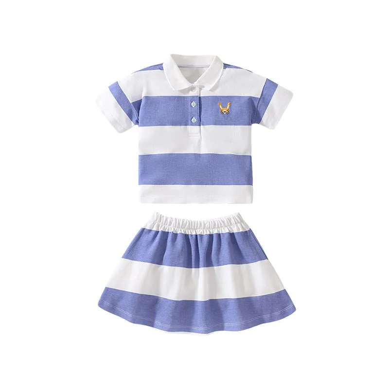 Toddler/Kid Girl's Short Sleeve Bunny Stripe Polo and Skirt Set