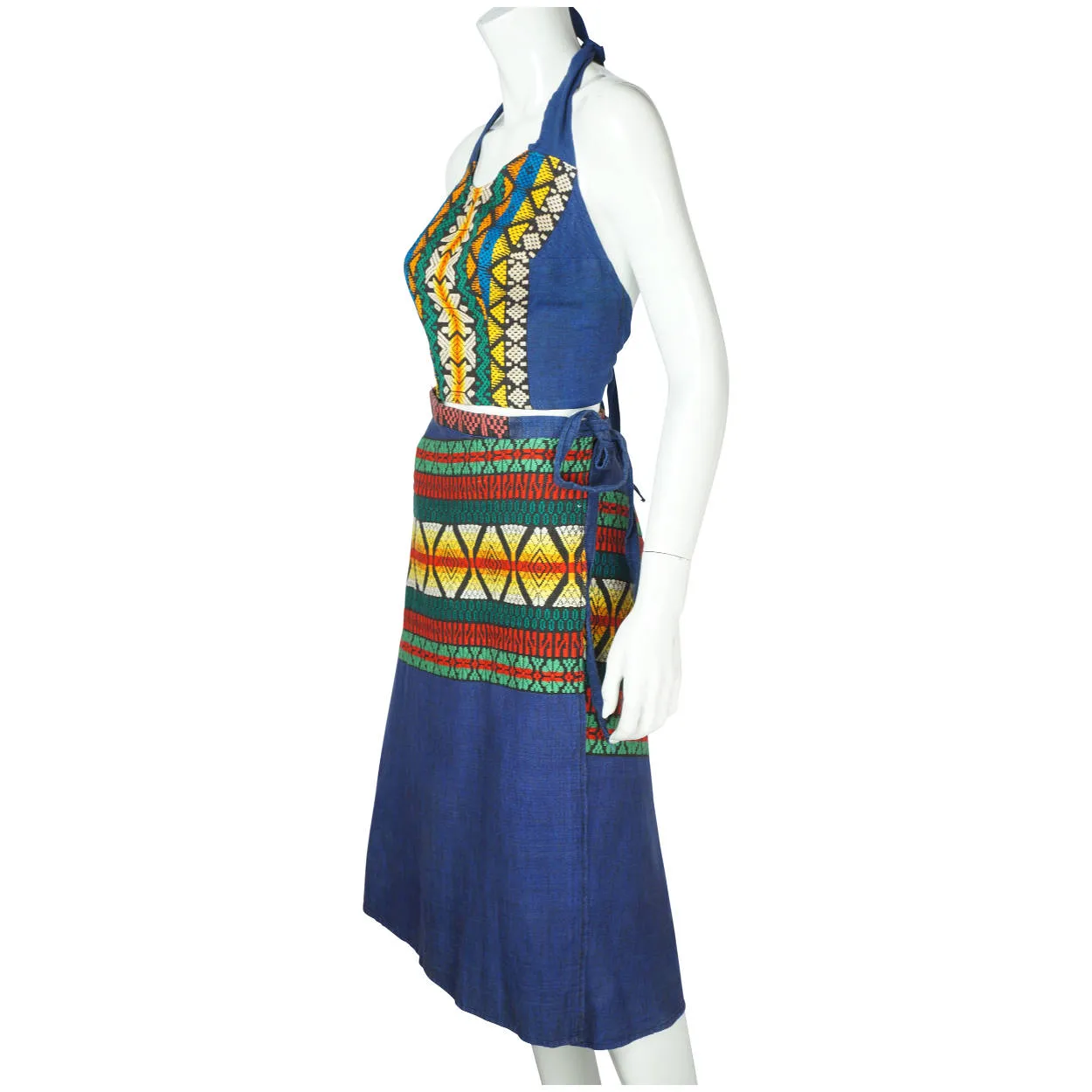 Vintage 1970s Halter Top & Skirt Set Guatemalan Woven Embroidery Cotton Linen M