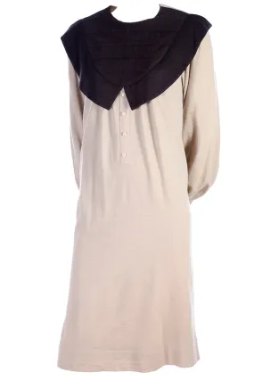 Vintage Hanae Mori Tan & Brown Dress w/ Large Pleated Pilgrim Collar