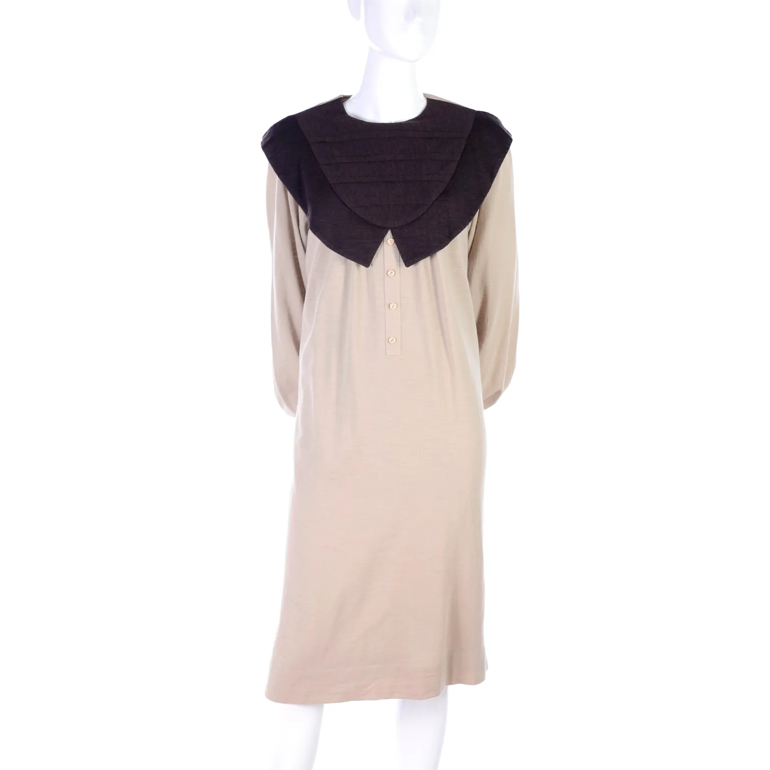 Vintage Hanae Mori Tan & Brown Dress w/ Large Pleated Pilgrim Collar
