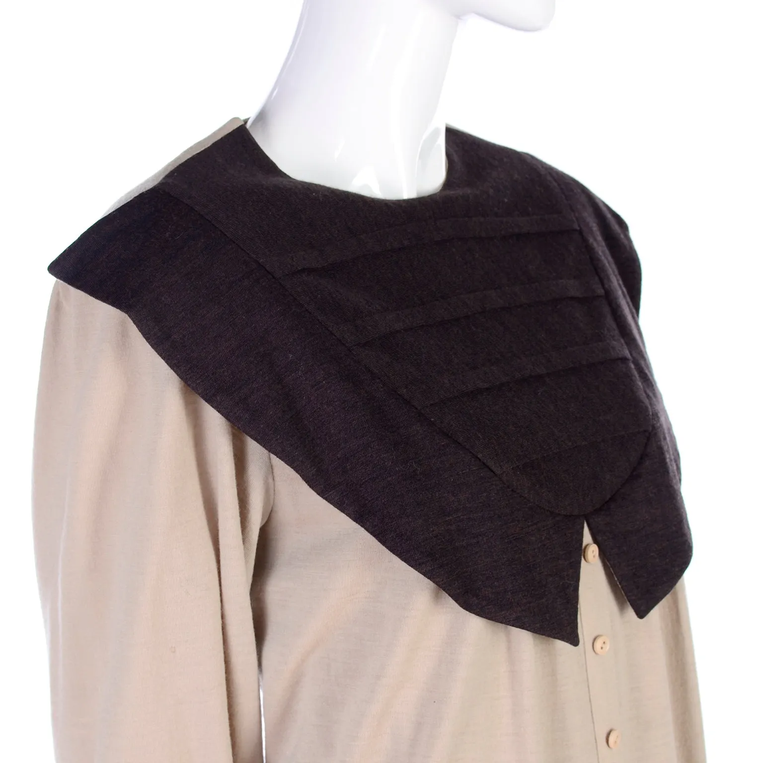 Vintage Hanae Mori Tan & Brown Dress w/ Large Pleated Pilgrim Collar