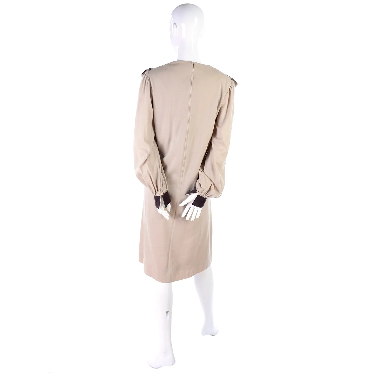 Vintage Hanae Mori Tan & Brown Dress w/ Large Pleated Pilgrim Collar