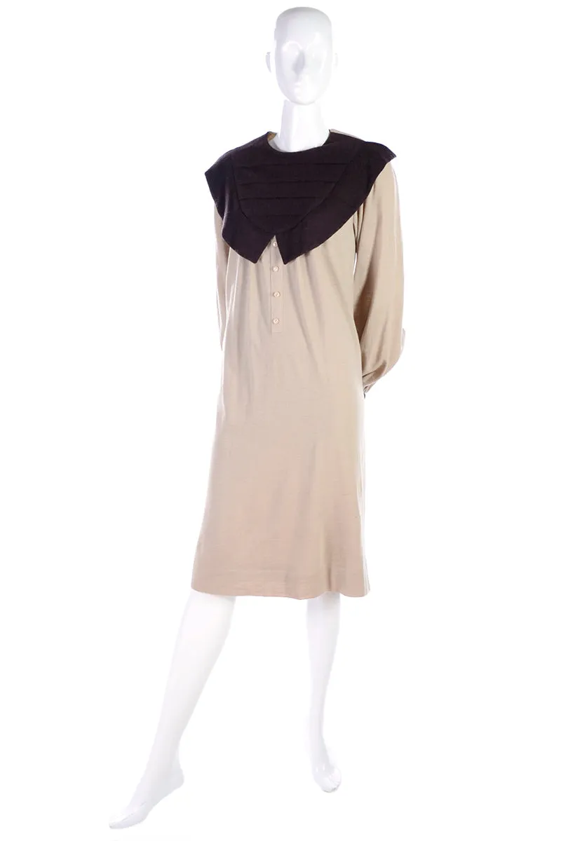 Vintage Hanae Mori Tan & Brown Dress w/ Large Pleated Pilgrim Collar