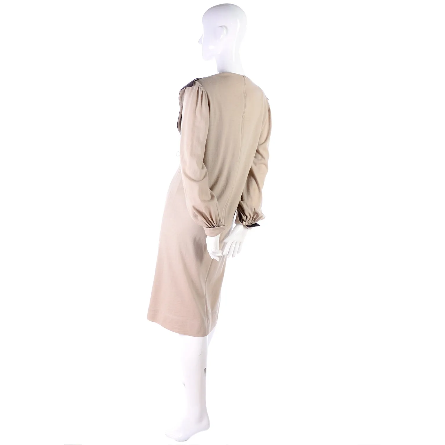 Vintage Hanae Mori Tan & Brown Dress w/ Large Pleated Pilgrim Collar