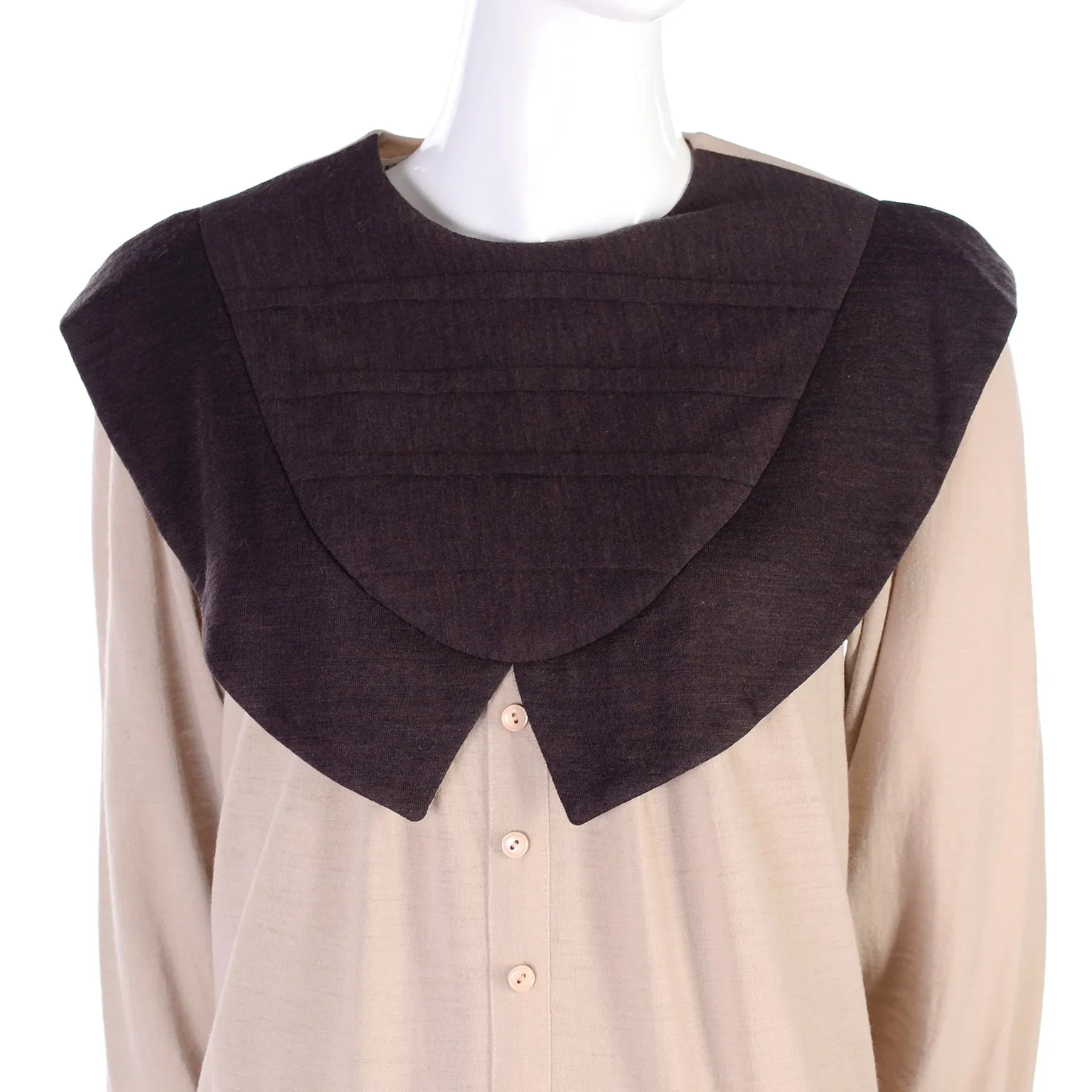 Vintage Hanae Mori Tan & Brown Dress w/ Large Pleated Pilgrim Collar