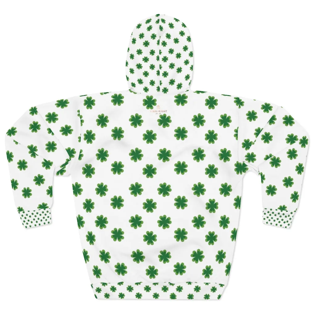 White Green Clover Unisex Hoodies, White Green Clover St. Patrick's Day Unisex Pullover Hoodie For Men/Women- Made in USA