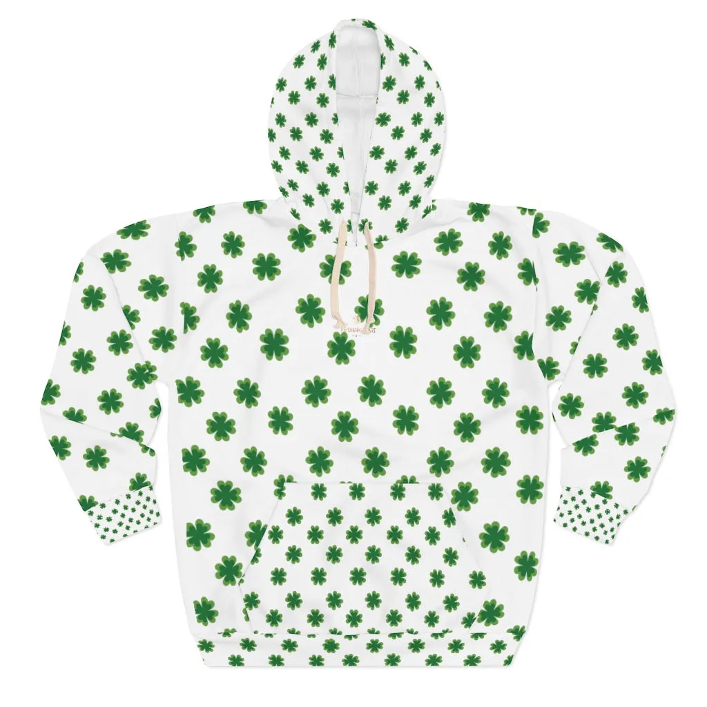 White Green Clover Unisex Hoodies, White Green Clover St. Patrick's Day Unisex Pullover Hoodie For Men/Women- Made in USA