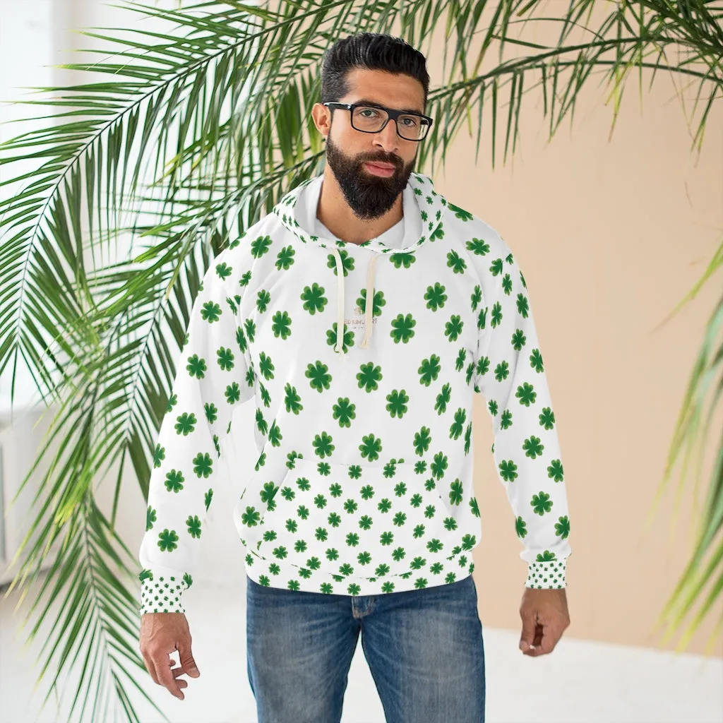 White Green Clover Unisex Hoodies, White Green Clover St. Patrick's Day Unisex Pullover Hoodie For Men/Women- Made in USA