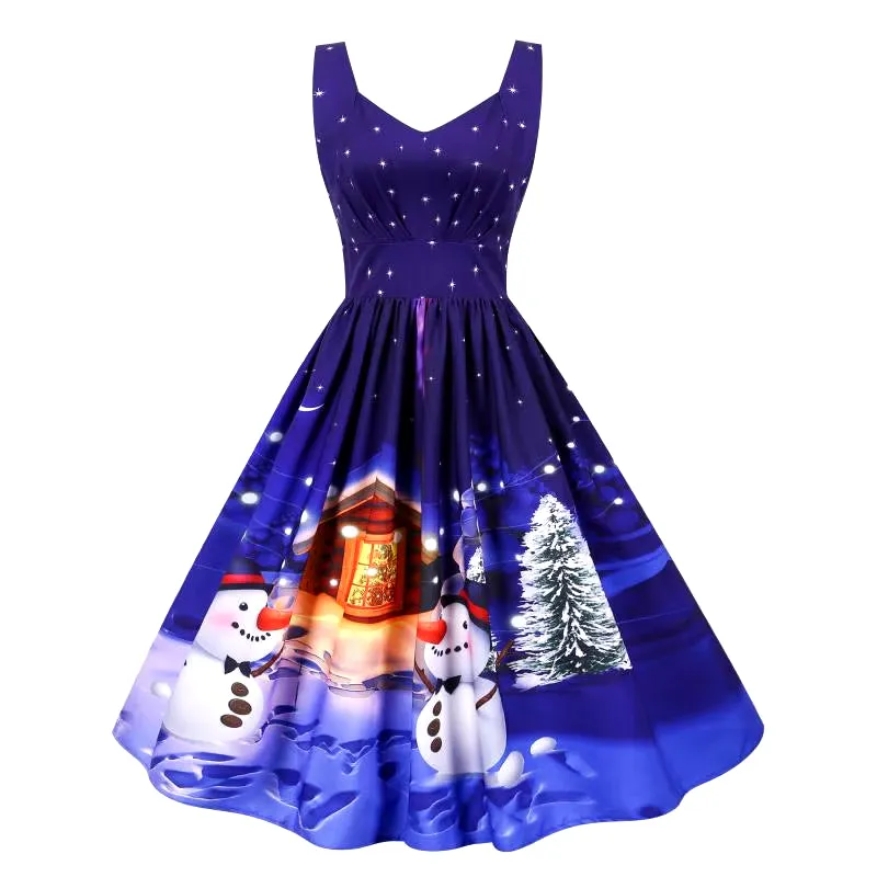 Women Christmas Dress Sexy Spaghetti Strap Vintage Midi Party Vestidos Robe Santa Snowflake Print Xmas Clothes