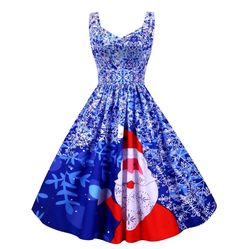 Women Christmas Dress Sexy Spaghetti Strap Vintage Midi Party Vestidos Robe Santa Snowflake Print Xmas Clothes
