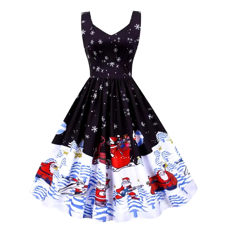 Women Christmas Dress Sexy Spaghetti Strap Vintage Midi Party Vestidos Robe Santa Snowflake Print Xmas Clothes
