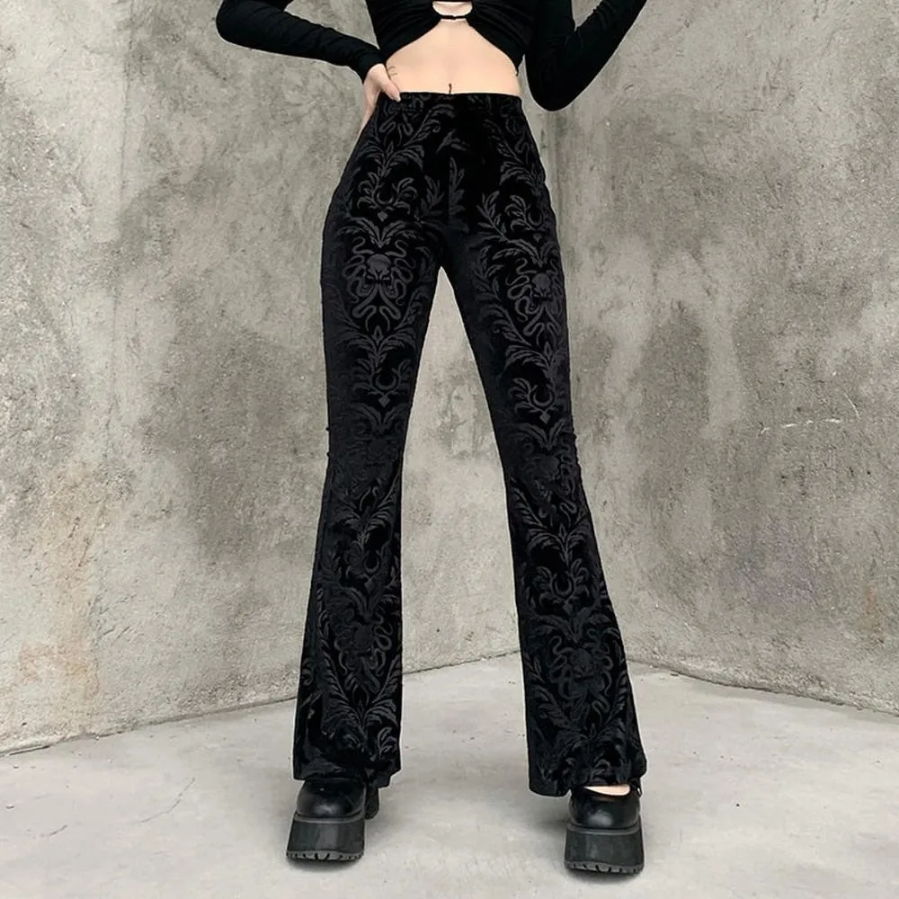 Women Retro Gothic Print Black Pants Goth Harajuku High Waist Flared Pants
