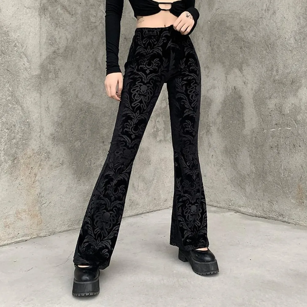 Women Retro Gothic Print Black Pants Goth Harajuku High Waist Flared Pants
