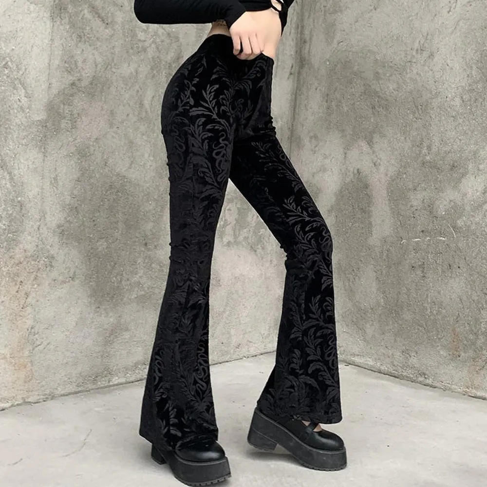 Women Retro Gothic Print Black Pants Goth Harajuku High Waist Flared Pants