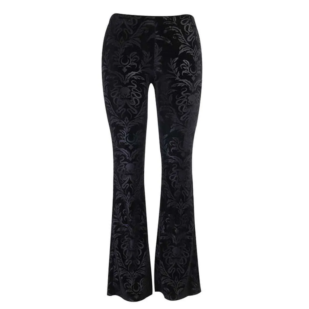 Women Retro Gothic Print Black Pants Goth Harajuku High Waist Flared Pants