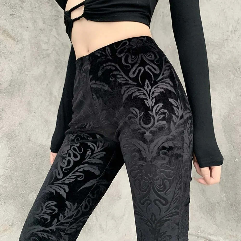 Women Retro Gothic Print Black Pants Goth Harajuku High Waist Flared Pants