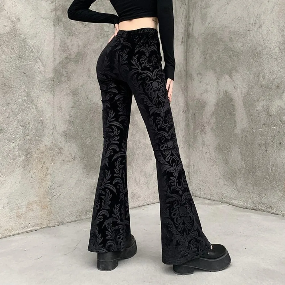 Women Retro Gothic Print Black Pants Goth Harajuku High Waist Flared Pants