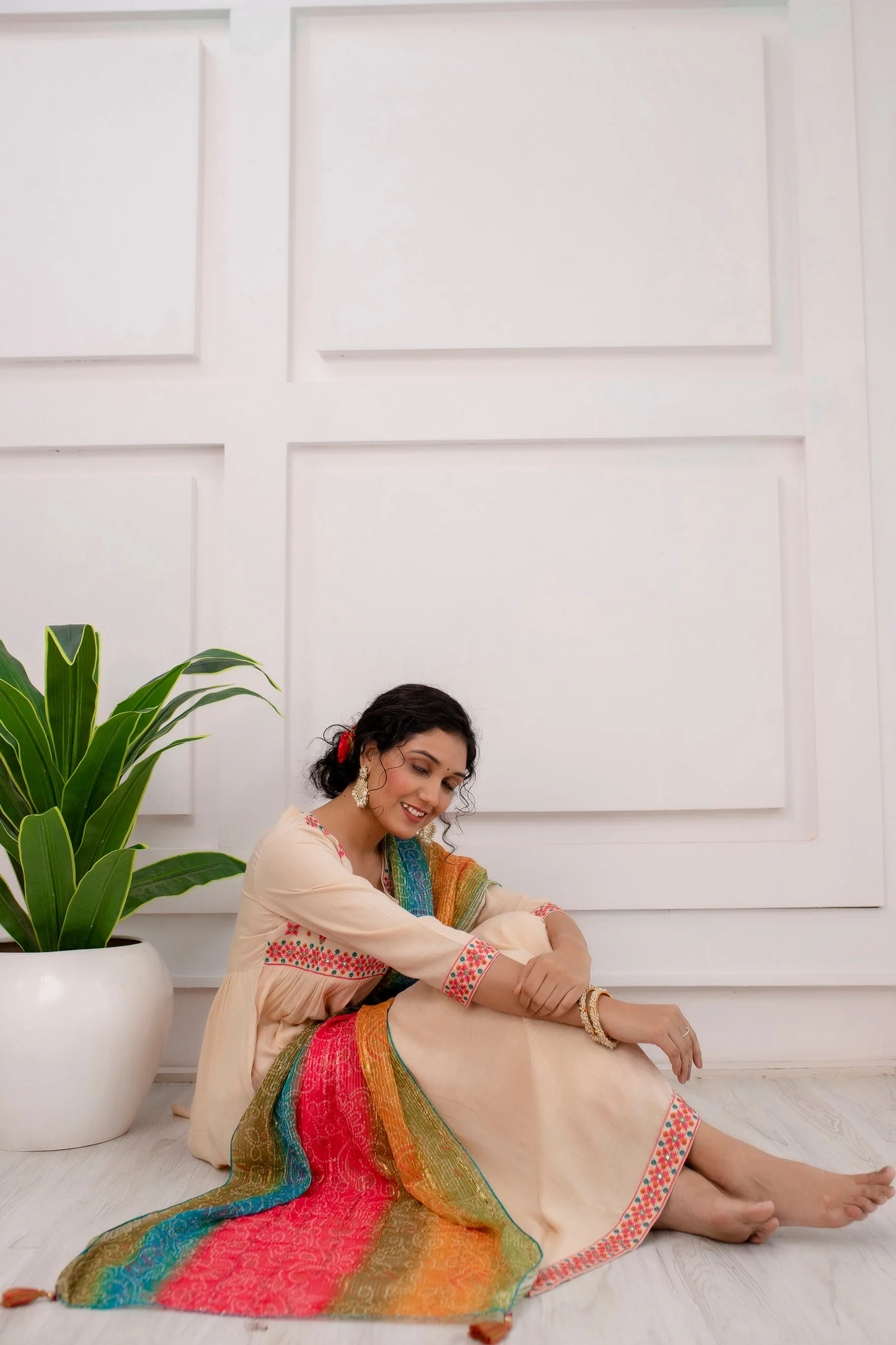 Womens Rayon Cream Alia Cut A-line Kurta Pant and Dupatta With Fancy Potli Set