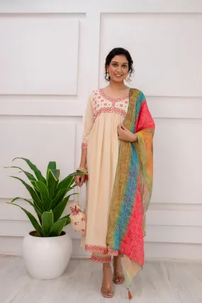 Womens Rayon Cream Alia Cut A-line Kurta Pant and Dupatta With Fancy Potli Set