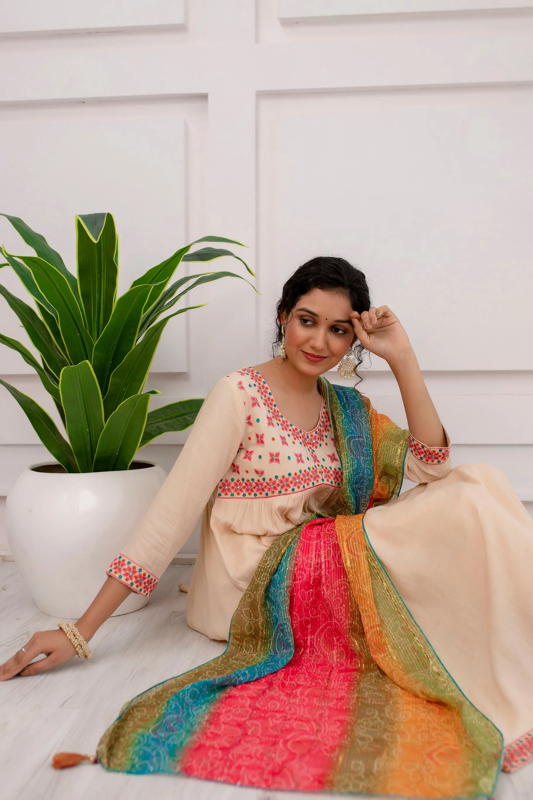 Womens Rayon Cream Alia Cut A-line Kurta Pant and Dupatta With Fancy Potli Set