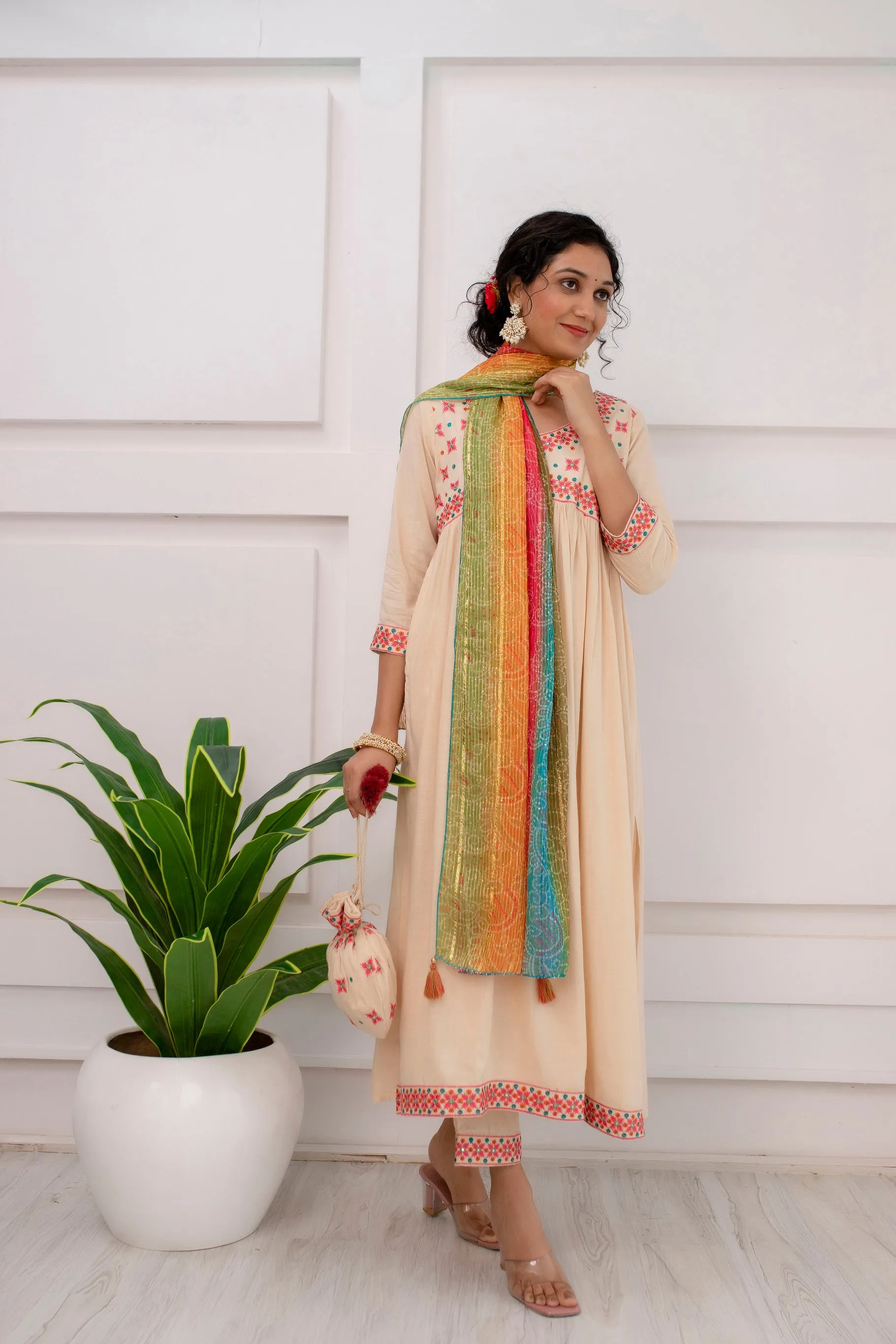 Womens Rayon Cream Alia Cut A-line Kurta Pant and Dupatta With Fancy Potli Set