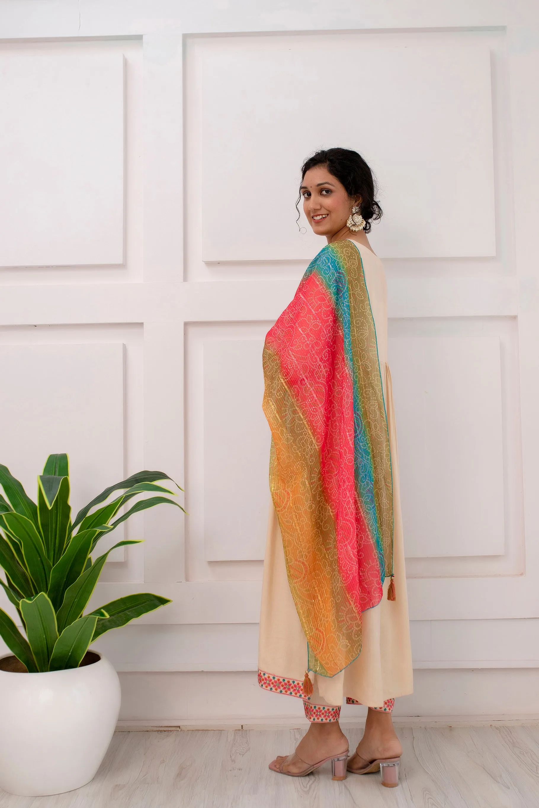 Womens Rayon Cream Alia Cut A-line Kurta Pant and Dupatta With Fancy Potli Set