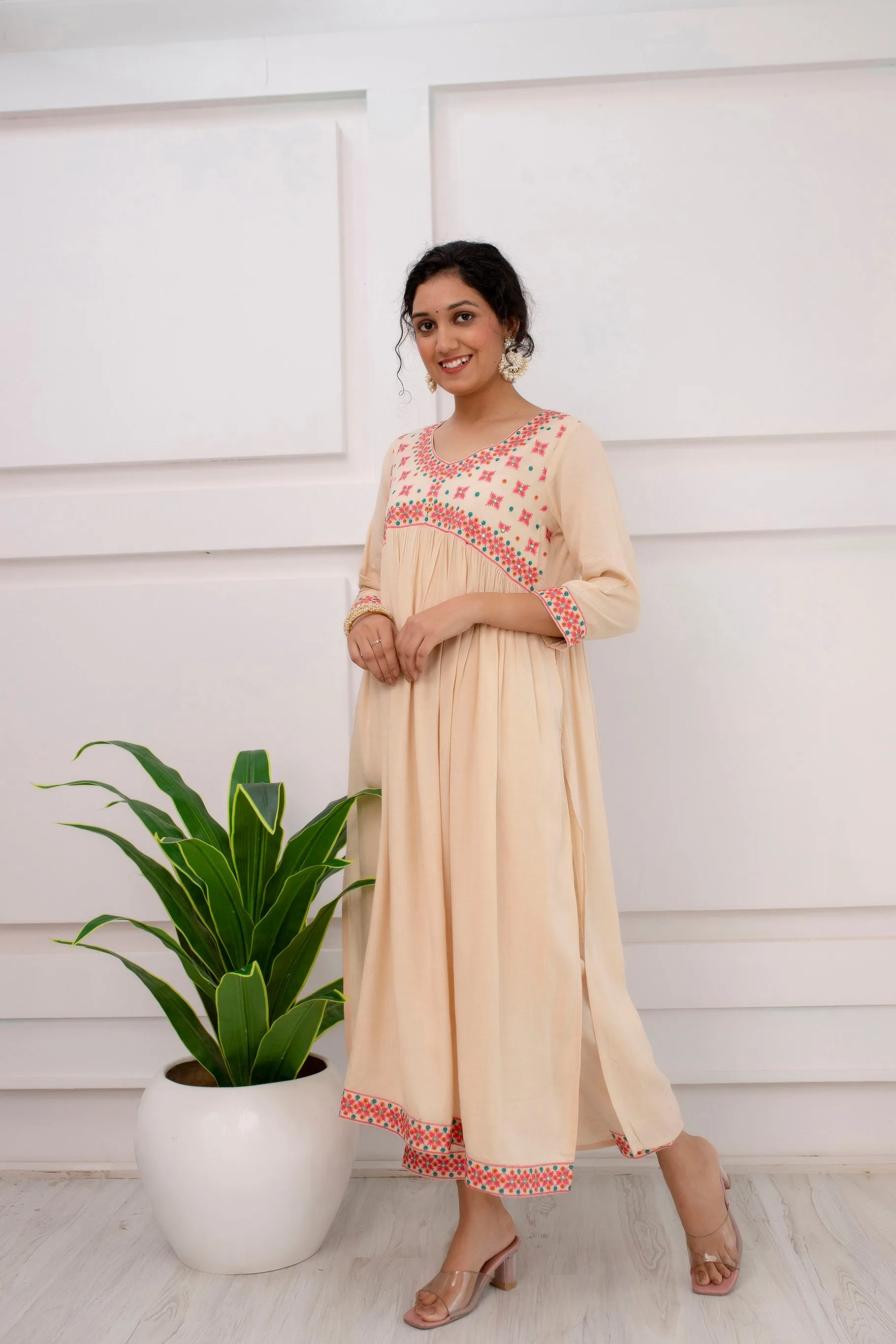 Womens Rayon Cream Alia Cut A-line Kurta Pant and Dupatta With Fancy Potli Set