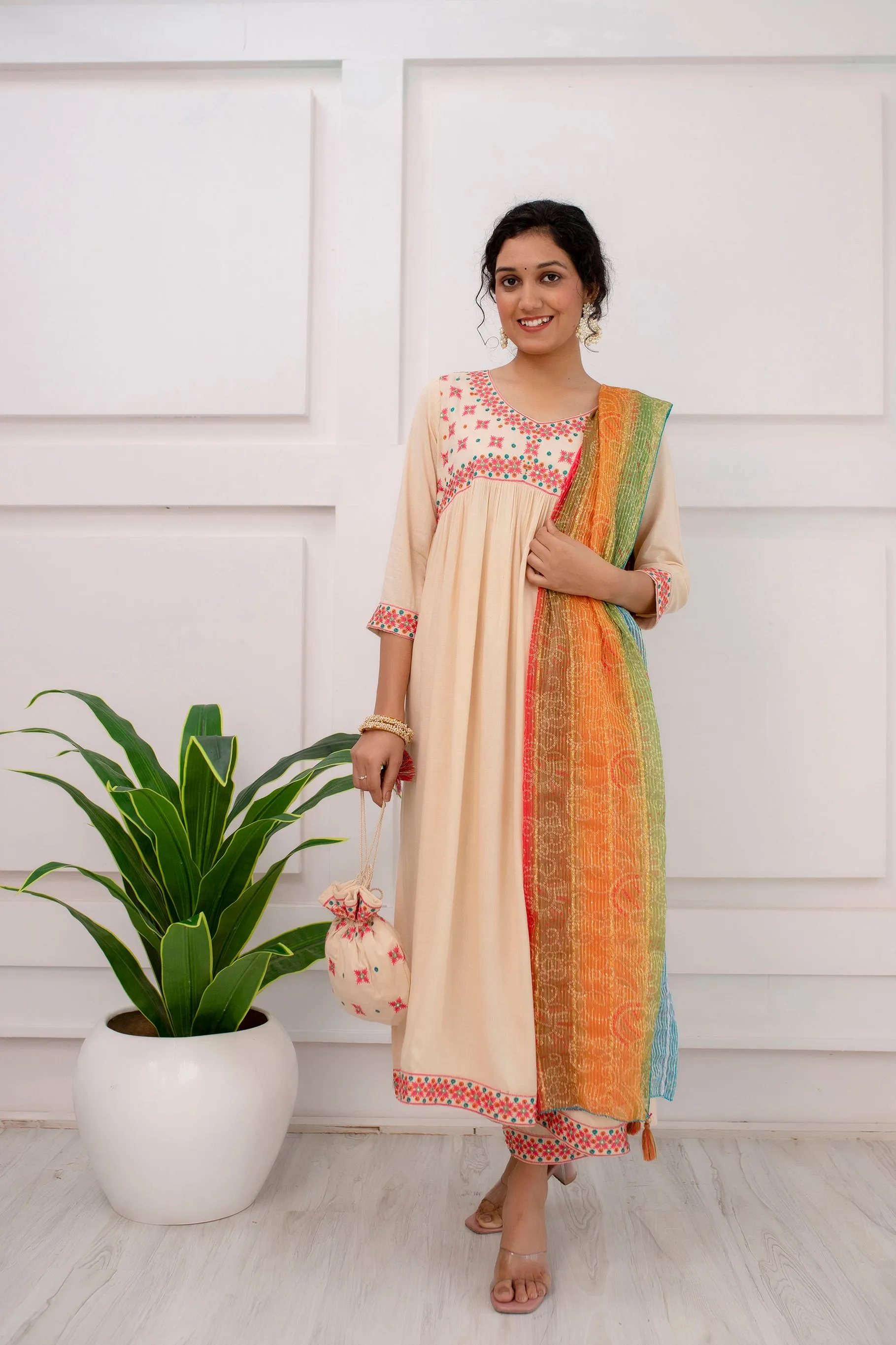 Womens Rayon Cream Alia Cut A-line Kurta Pant and Dupatta With Fancy Potli Set