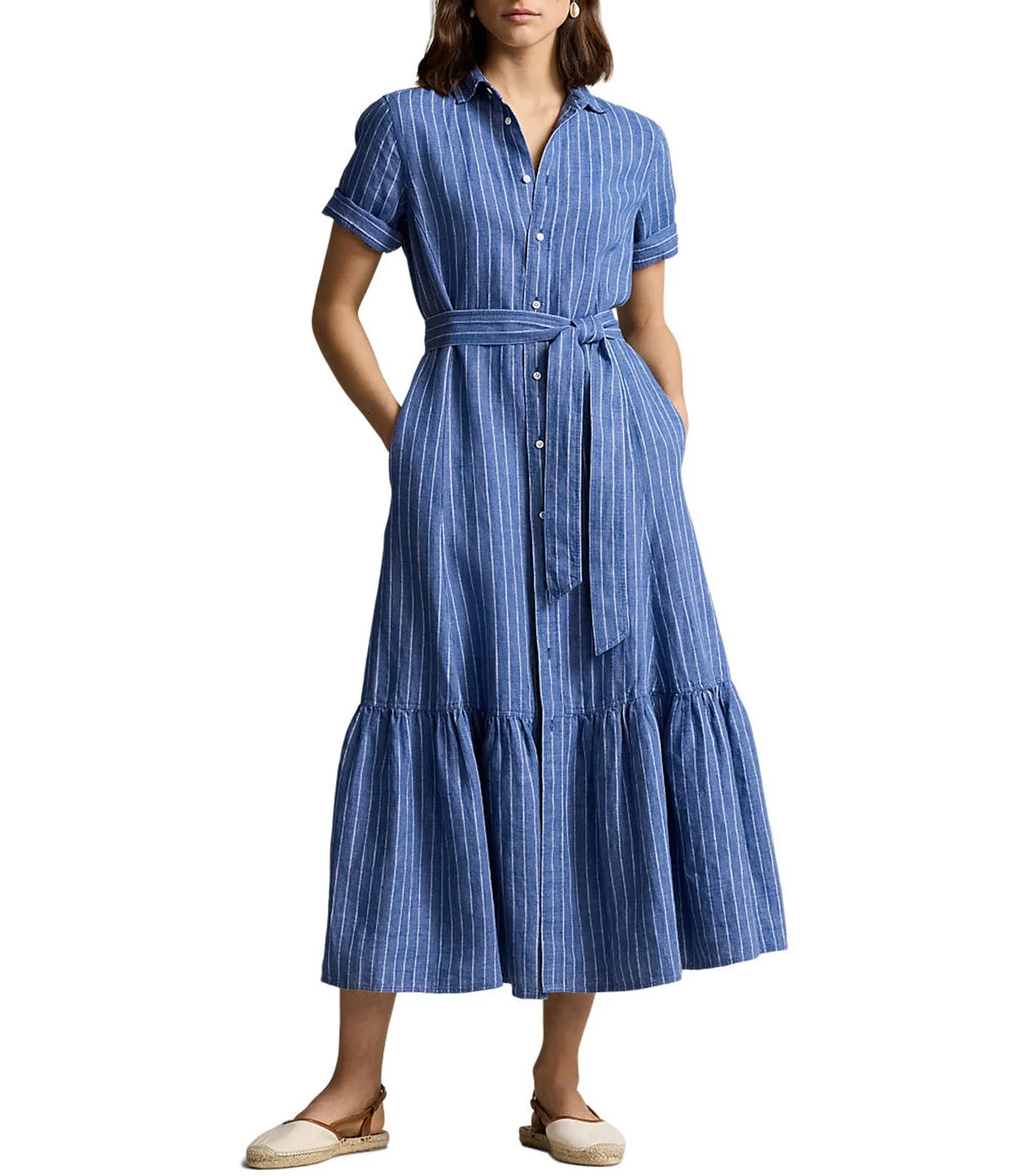 Women's Striped Linen Tiered Shirtdress