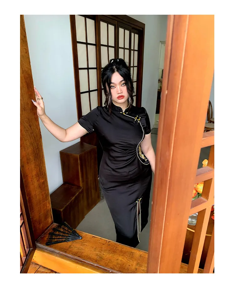 Xiang Turtleneck Short Sleeve Solid Color Black Side Slit Long Dress