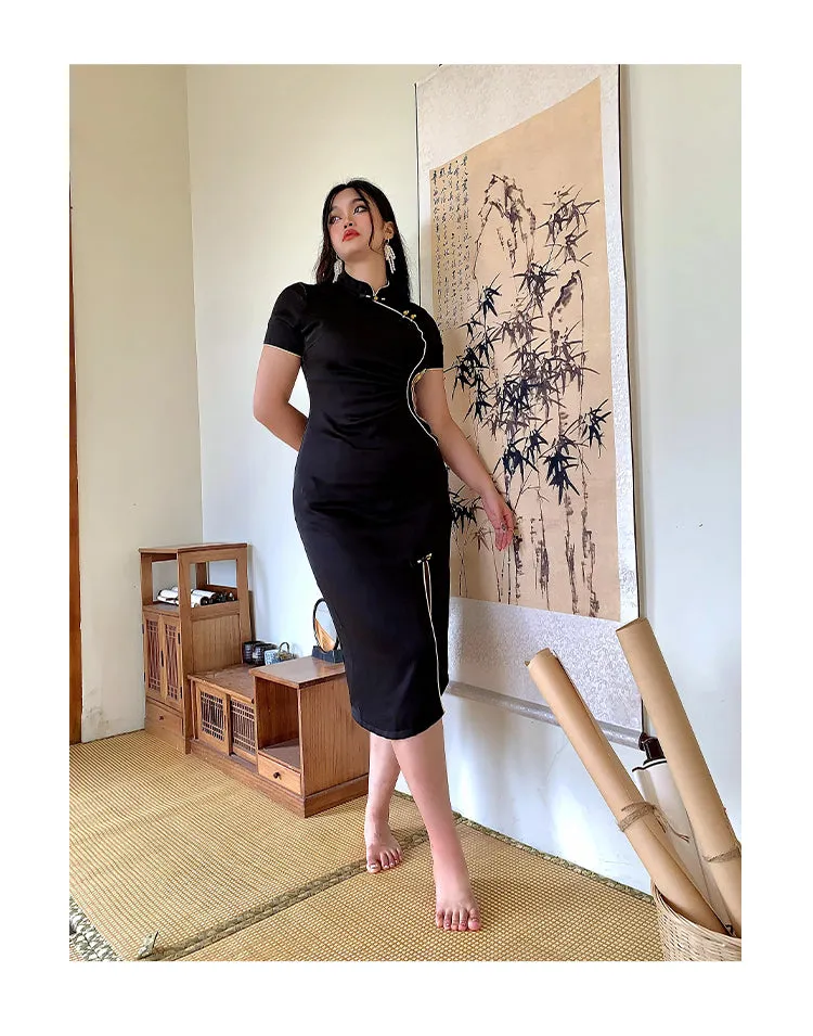 Xiang Turtleneck Short Sleeve Solid Color Black Side Slit Long Dress