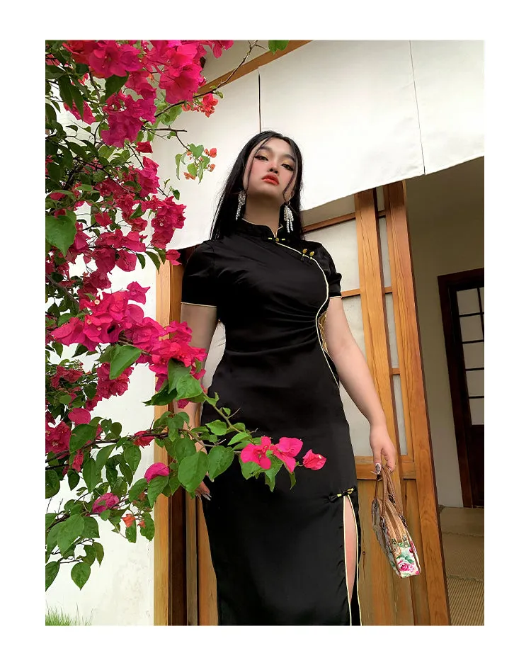 Xiang Turtleneck Short Sleeve Solid Color Black Side Slit Long Dress