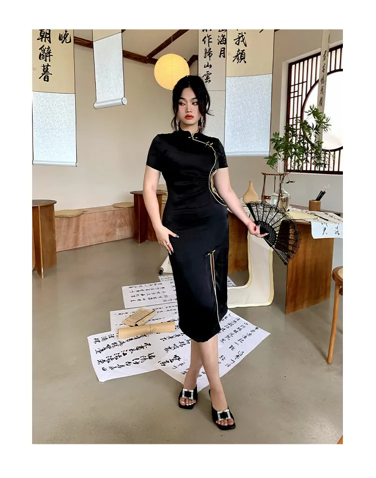 Xiang Turtleneck Short Sleeve Solid Color Black Side Slit Long Dress