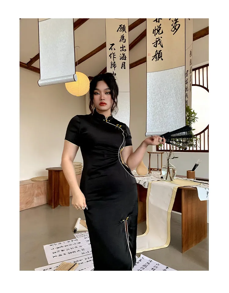 Xiang Turtleneck Short Sleeve Solid Color Black Side Slit Long Dress