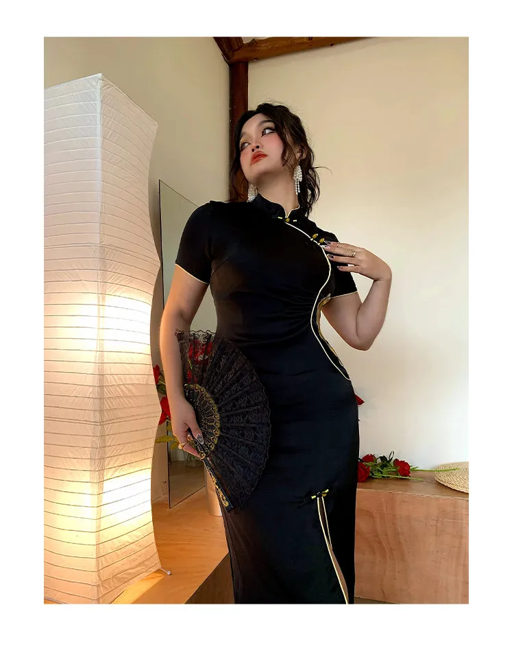 Xiang Turtleneck Short Sleeve Solid Color Black Side Slit Long Dress