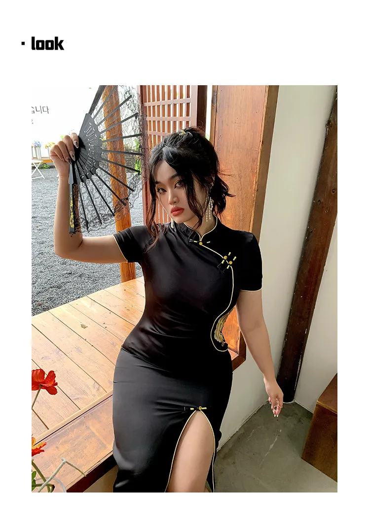 Xiang Turtleneck Short Sleeve Solid Color Black Side Slit Long Dress