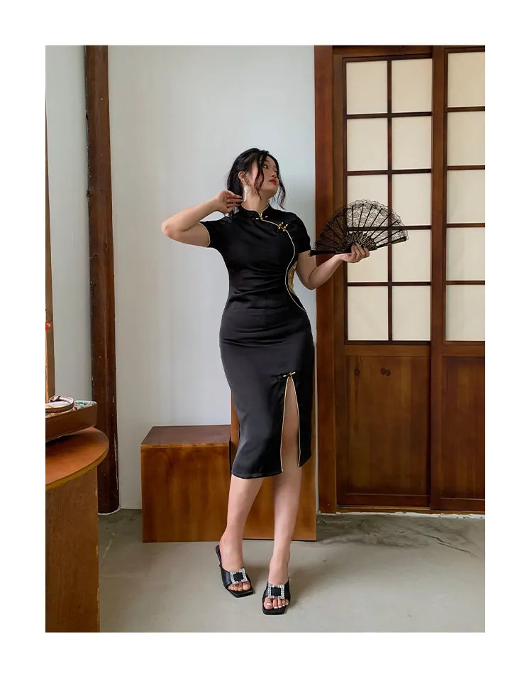 Xiang Turtleneck Short Sleeve Solid Color Black Side Slit Long Dress