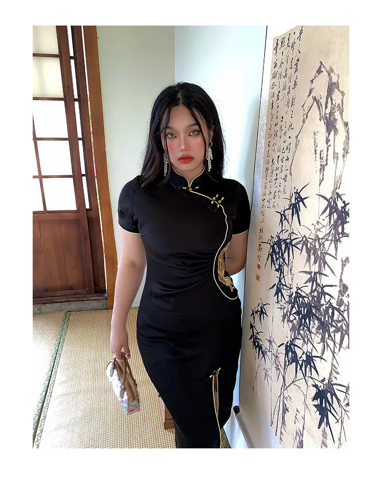 Xiang Turtleneck Short Sleeve Solid Color Black Side Slit Long Dress