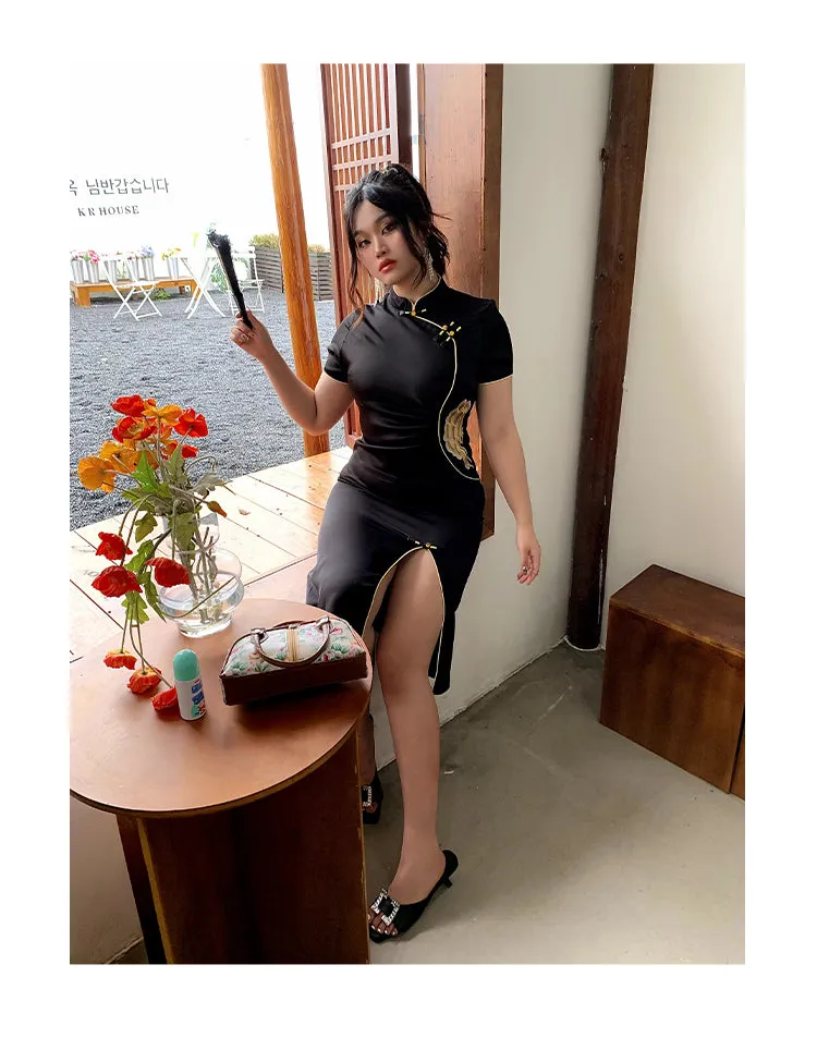 Xiang Turtleneck Short Sleeve Solid Color Black Side Slit Long Dress