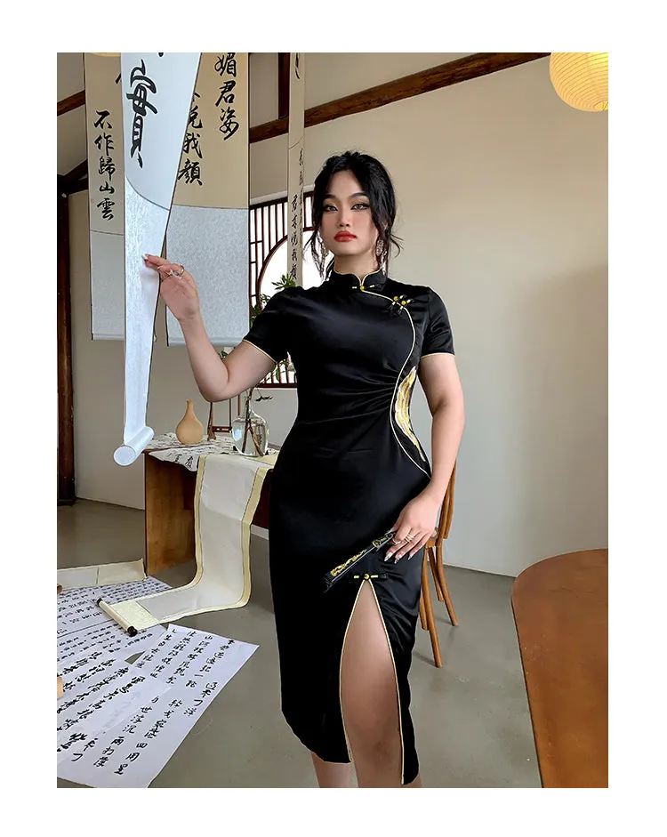 Xiang Turtleneck Short Sleeve Solid Color Black Side Slit Long Dress
