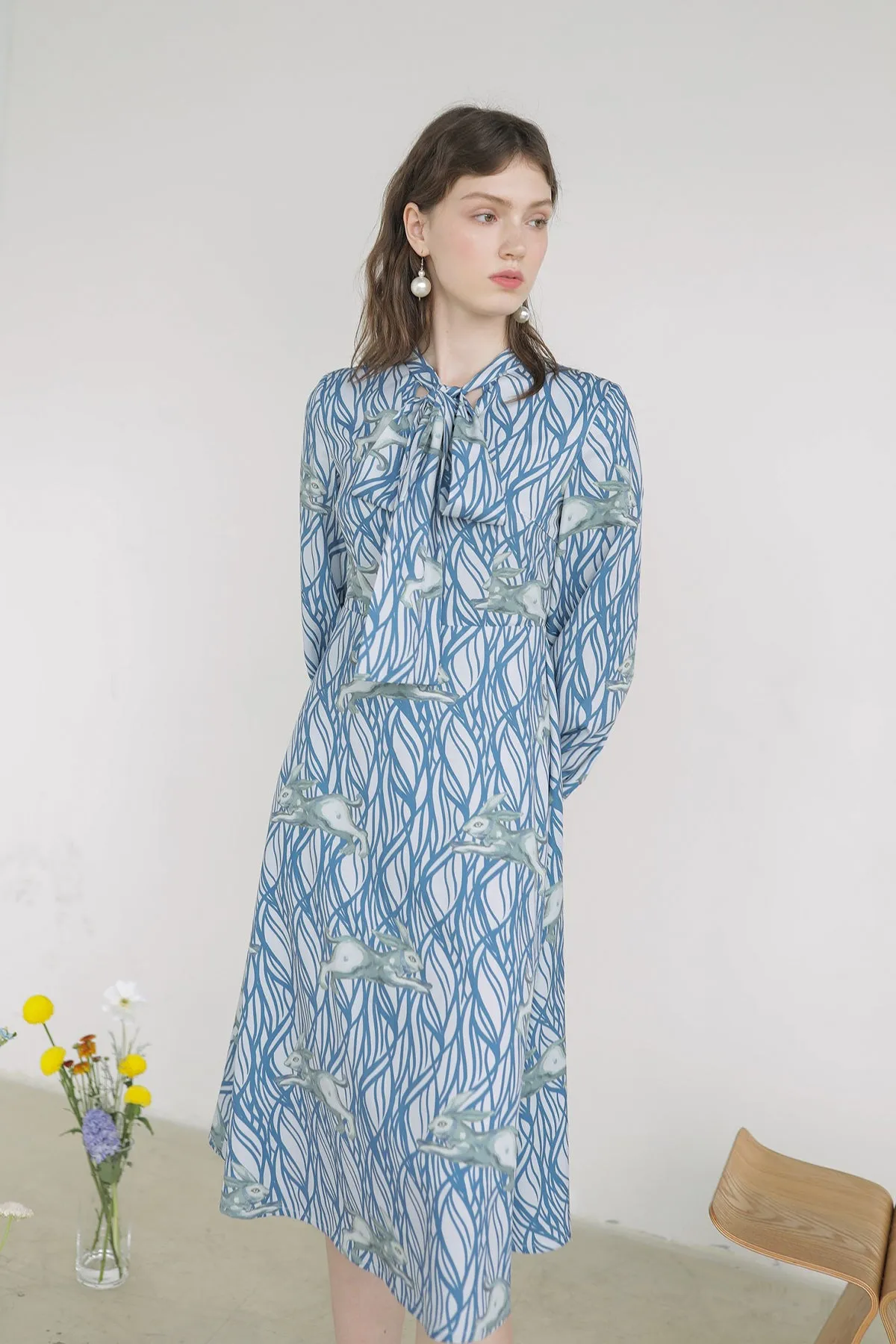 XUNRUO | Bunny Wavy Print Ribbon Dress