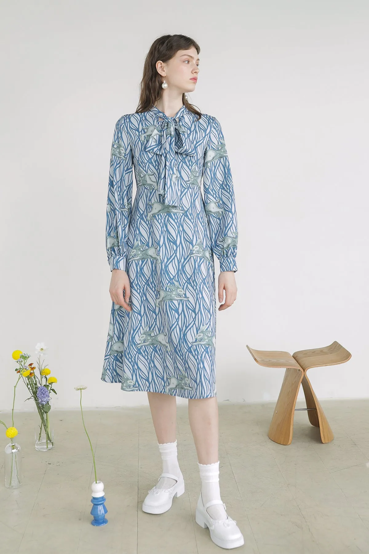 XUNRUO | Bunny Wavy Print Ribbon Dress