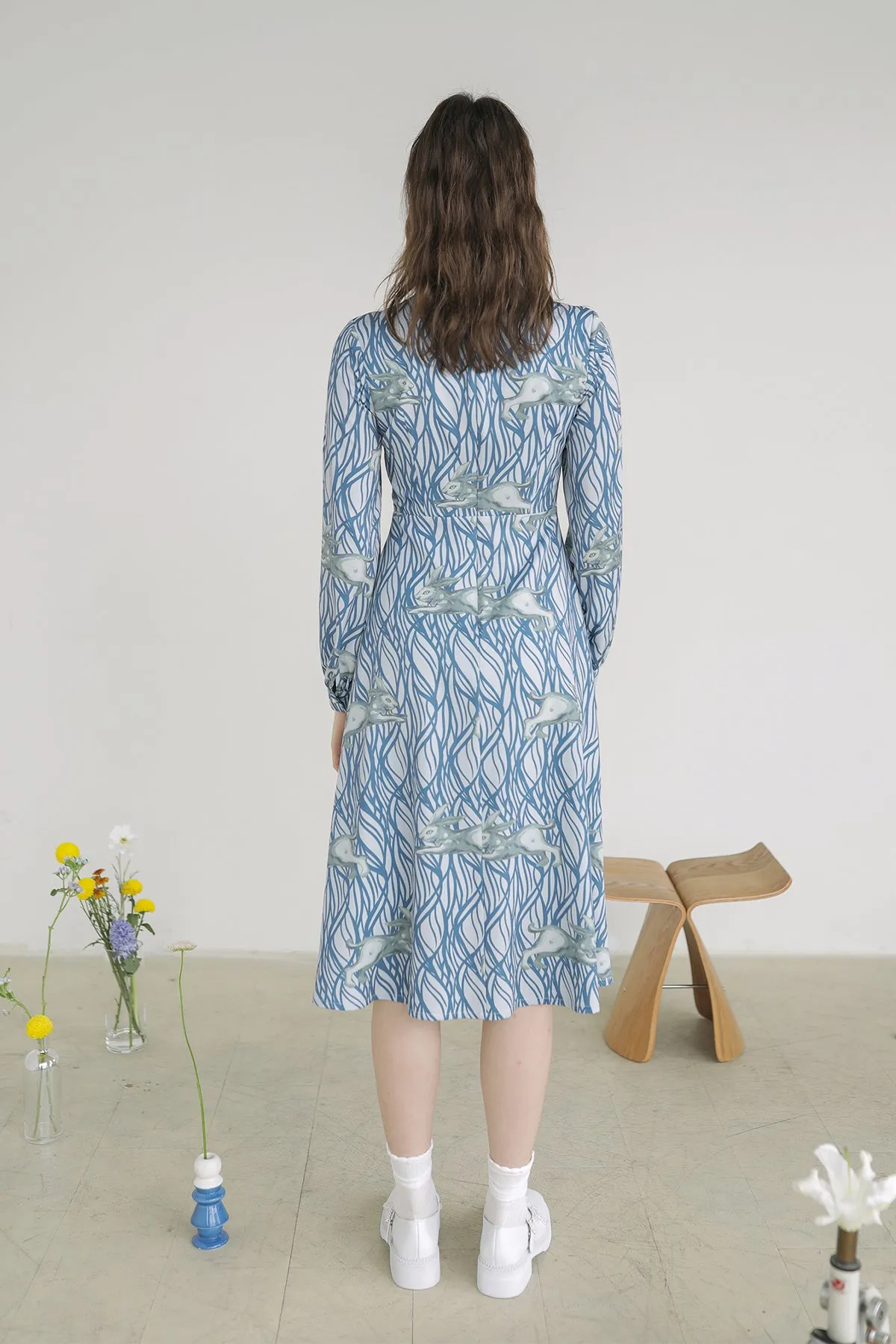 XUNRUO | Bunny Wavy Print Ribbon Dress